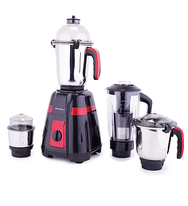 Platinum Mixer Grinder 750W with 4 Stainless Steel Jars And Anti-Rust Stainless Steel Blades, Ergonomic Handles, 5 Years Warranty On Motor, Black & Crimson